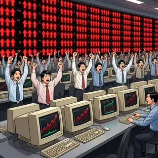 객장 시세판 앞에서 환호하는 사람들