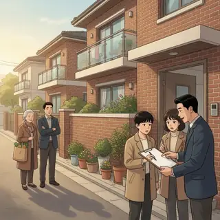 주택 앞에서 계약서를 보는 사람들